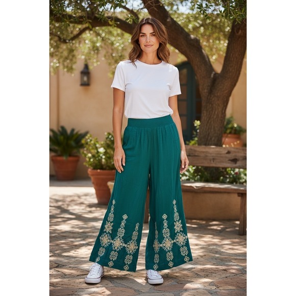 Time For Me Pants - Time for Me Womens Teal Green Embroidered Wide Leg Boho Smocked Pants Large